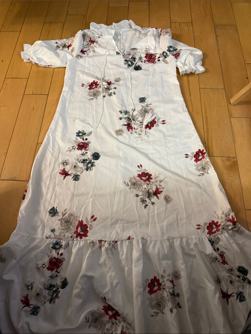 Floral Ruffle-Hem Maxi Dress in White with Red & Green Accents